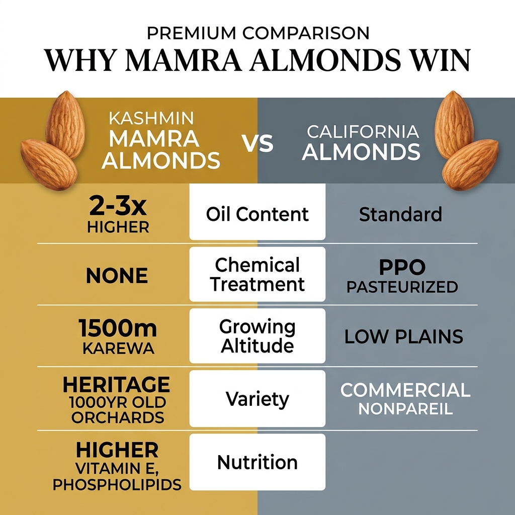 Kashmiri Mamra Almonds vs California Almonds comparison — oil content, chemical treatment, altitude, variety, nutrition