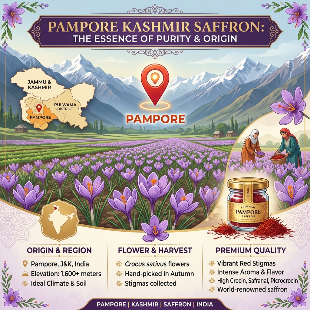 Kashmir saffron origin story — from Pampore crocus fields to sealed GI-Tagged tin