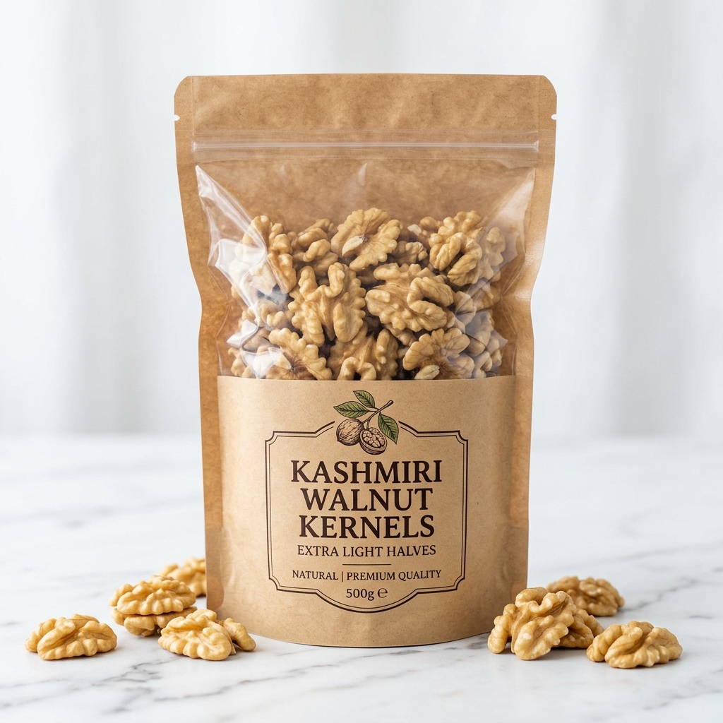 Buy Kashmiri Walnut Kernels (Extra Light Halves) — 500g online — 500g premium pouch | Kashmir Valley Grown · Hand-Shelled Halves